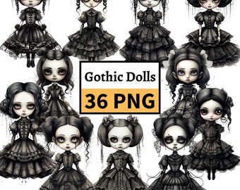 Gothic Dolls Clipart Bundle, Halloween Girls Illustration, Spooky Dolls PNG, Vintage Dolls Clipart, Halloween Season Decorations, Commercial