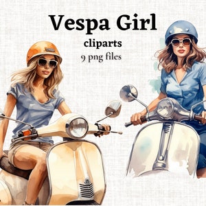 Vespa Girl Clipart, Chica en Scooter Clipart, Scooter Girl PNG, Acuarela Vespa Clipart Bundle, Hermosa Chica Clipart, Summer Girl PNG