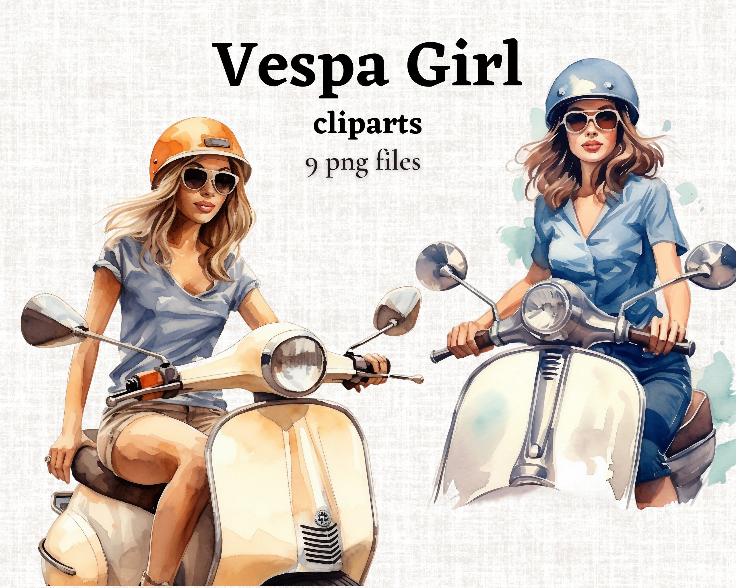 Vespa Girl Clipart, Girl on Scooter Clipart, Scooter Girl PNG, Watercolor Vespa Clipart Bundle, Beautiful Girl Clipart, Summer Girl PNG