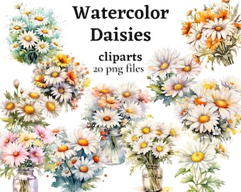 Daisy Clipart Bundle, Watercolor Daisy PNG, White Flower Clipart, Floral Bouquet Illustration, Spring Flowers Graphics, Commercial Use PNG