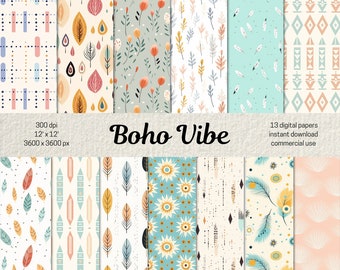 Boho Digital Papers, Bohemian Seamless Pattern for Scrapbooking and Junk Journal, Boho Backgrounds Boho Patterns, Commercial Use Papers PNG