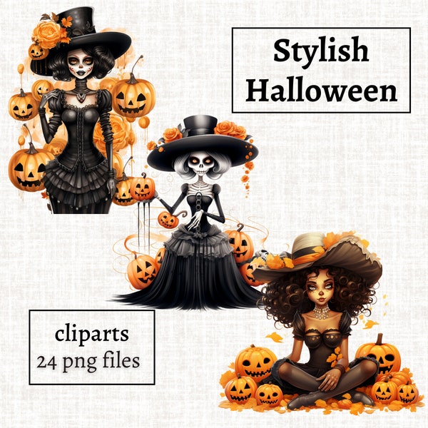 Stylish Halloween Clipart, Halloween Woman PNG Bundle, Halloween Illustration, Black Woman Clipart, Halloween Pumpkins PNG, Halloween Scene