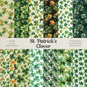 Aquarell St Patricks Day Digital Paper Green Clover Seamless Patterns Shamrock Hintergrund für St. Patricks Day Kleeblätter Paper Pack PNG