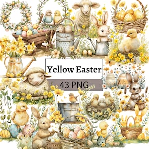 Aquarel Pasen Clipartbundel Pastel Geel Beige Pasen Illustraties Paashaas Eendje Schapen Lam Paaseieren Lente Graphics Set