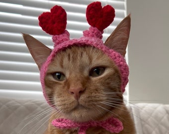 CROCHET PATTERN - Heart Antenna Cat Hat Crochet Pattern Digital PDF, Valentine's Day Pet Hat Crochet Pattern, Cat Hat Crochet Pattern