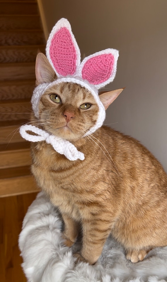 猫耳、うさぎ耳2way帽子handmade取り外し可能アレンジできます かぎ針編みのウサギ耳猫帽子：猫用イースターラビットコスチューム