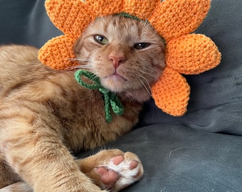 猫用花帽子、ひまわり猫帽子、ペット用かぎ針編み帽子、猫用黄色い