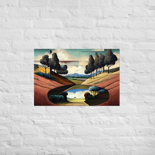Trompe l'oeil Shaped Landscape Poster - Abstract Art Print, Surreal Decor
