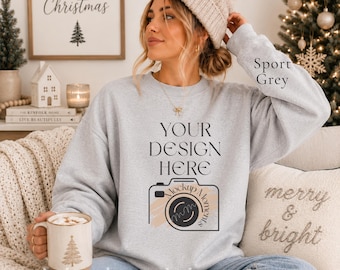 Christmas Sport Grey Gildan 18000 Mockup, Winter Holiday POD Unisex Crewneck Sweatshirt Mockup, High Quality Template, Instant Download