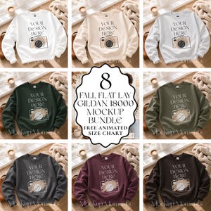 May include: A collection of eight Gildan 18000 crewneck sweatshirts in various colors including white, sand, sport grey, forest green, military green, dark heather, maroon, and dark chocolate, each featuring a camera graphic and text.