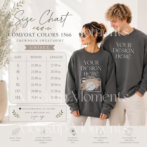 May include: A size chart for Comfort Colors 1566 crewneck sweatshirts, listing widths and lengths in inches from S to 3XL. The chart includes text for a relaxed fit and size up, alongside two people wearing dark grey sweatshirts with Your Design Here text.