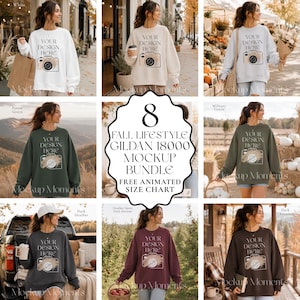 Könnte beinhalten: Ein Set aus acht Gildan 18000 Rundhals-Sweatshirts in verschiedenen Farben wie Weiß, Sand, Sportgrau, Waldgrün, Militärgrün, Dunkelgrau, Dunkelkastanienbraun und Dunkelschokolade, jeweils mit dem Text Your Design Here bedruckt.