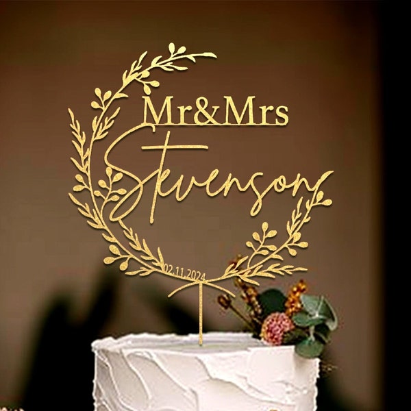 Gold Cake topper for Wedding, Personalized cake topper, Rustic wedding cake topper, Custom Mr Mrs cake topper, Anniversary Cake toppers.