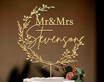 Gold Cake topper for Wedding, Personalized cake topper, Rustic wedding cake topper, Custom Mr Mrs cake topper, Anniversary Cake toppers.