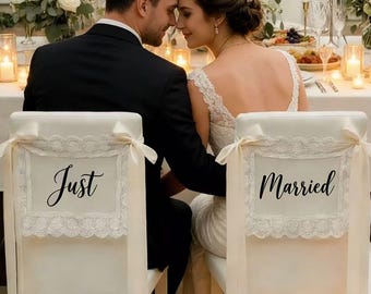Personalized Sheer Lace Just Married Chair Sign for Bride & Groom, Wedding Chair Decor,  Boho Chair Decor, Custom Wedding Chair Banners