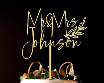 Personalized cake topper, Gold Cake topper for Wedding, Rustic wedding cake topper, Custom Mr Mrs cake topper, Anniversary Cake topper