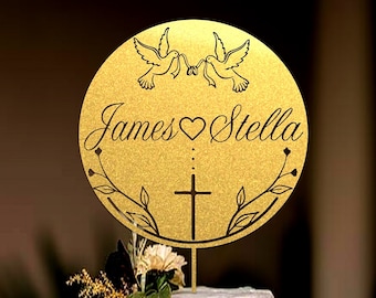 Gold Cake topper for Weddings, Personalized Wedding Cake Topper with heart, Rustic wedding cake topper, Baptism cake topper