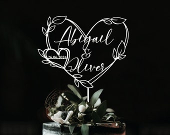 Gold Cake topper with heart and two names, Heart cake topper, Rustic wedding cake topper, Custom names cake topper, Anniversary Cake topper