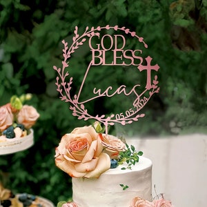 God Bless cake topper, Baptism cake topper, Wreath Christening cake topper, First Communion Cake topper, Personalized Baptism Cake Topper. Rose gold