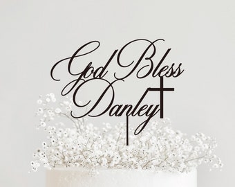 Black Baptism Cake Topper With Cross, Custom Christening Cake Topper, Personalized Boho Cross God Bless Cake Topper, First Communion