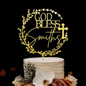 God Bless cake topper, Baptism cake topper, Wreath Christening cake topper, First Communion Cake topper, Personalized Baptism Cake Topper. Gold mirror