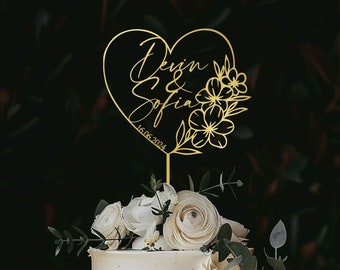 Personalisable Wedding Cake Topper with flower and heart, Gold Cake Topper wedding, Custom Cake topper, Luxurious Wedding Decorations