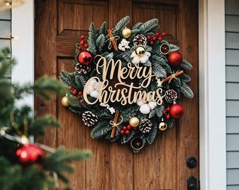 Personalized Christmas Wreath for Front Door, Custom Wooden Sign , Lighted Artificial Pine Wreath, Holiday Mantel Wall Decor, Christmas Gift