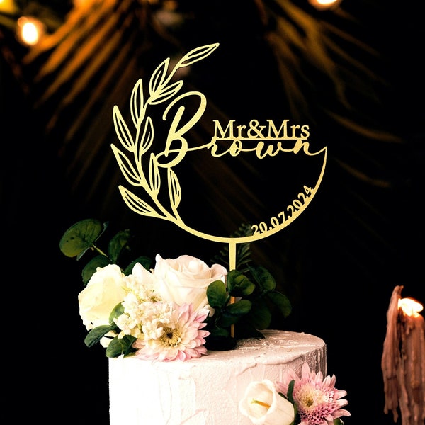 Décoration de gâteau de mariage dorée, décoration de gâteau de mariage couronne personnalisée, décoration de gâteau avec nom personnalisé, décoration de gâteau M. Mme pour mariage, anniversaire