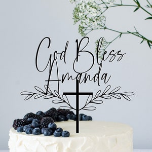 Personalized Baptism Cake Topper With Wreath / Custom Christening Cake Topper / Boho Floral God Bless Cake Topper / First Communion