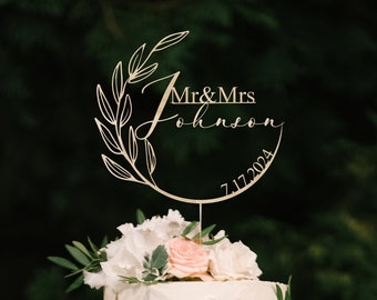Décoration de gâteau de mariage en bois, décoration de gâteau de mariage couronne personnalisée, décoration de gâteau avec nom personnalisé, décoration de gâteau M. Mme pour mariage, anniversaire