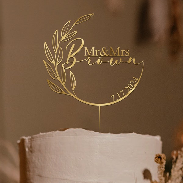 Gold Hochzeitstorte Topper, personalisierter Kranz Hochzeitstorte Topper, Mr Mrs Cake Topper Hochzeit, Jubiläum