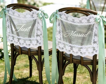 Personalized Sheer Lace Just Married Chair Sign for Bride & Groom, Wedding Chair Decor,  Boho Chair Decor, Custom Wedding Chair Banners