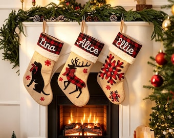 Personalised Linen Christmas Stocking | Custom Name Embroidery | Rustic Decor|Personalised Christmas Stocking