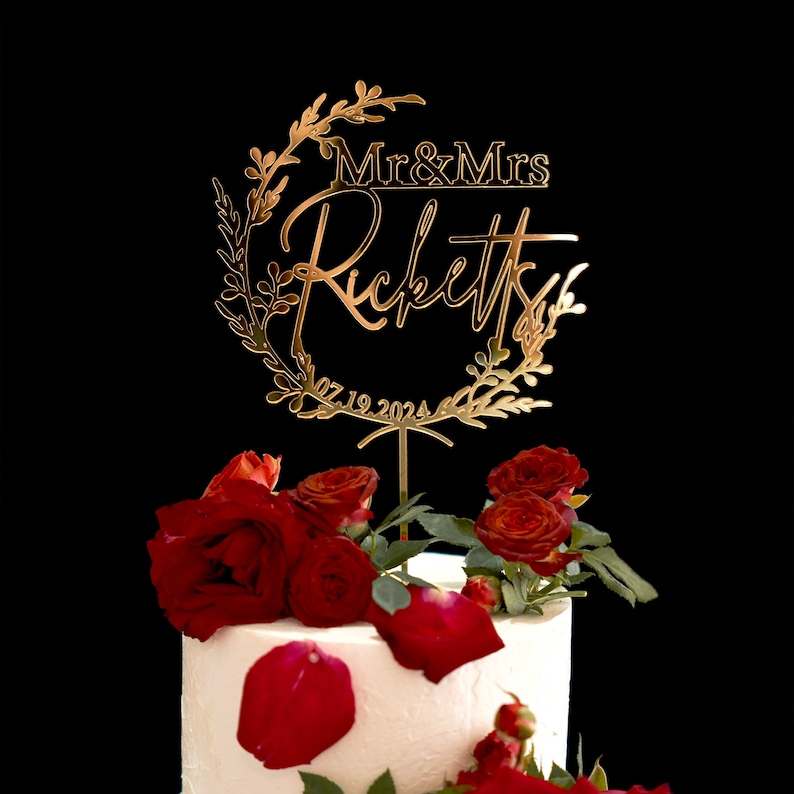 Custom Mr Mrs cake topper, Gold Cake topper for Wedding, Personalized cake topper, Rustic wedding cake topper, Anniversary Cake toppers. Gold Mirror