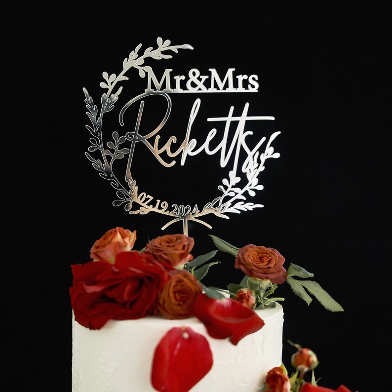 Custom Mr Mrs cake topper, Gold Cake topper for Wedding, Personalized cake topper, Rustic wedding cake topper, Anniversary Cake toppers. Silver Mirror