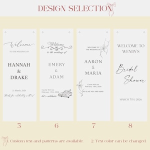 May include: A design selection image featuring four wedding or event sign templates. Each template has a different design, with names, dates, and event details. The text includes "Welcome", "Bridal Shower", and names like Hannah & Drake.