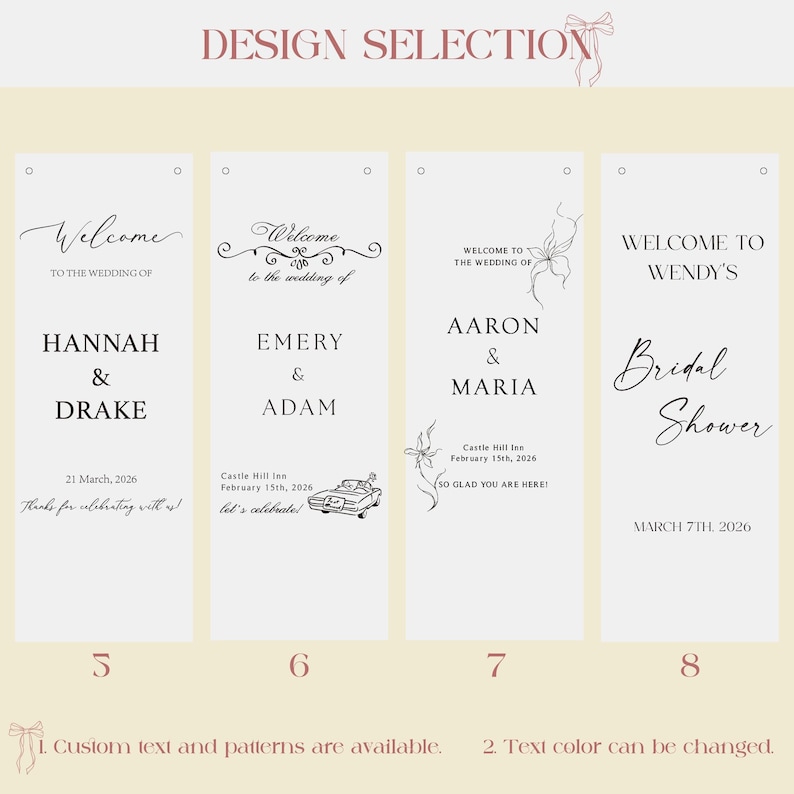 May include: A design selection image featuring four wedding or event sign templates. Each template has a different design, with names, dates, and event details. The text includes "Welcome", "Bridal Shower", and names like Hannah & Drake.