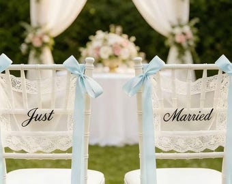Personalized Sheer Lace Just Married Chair Sign for Bride & Groom, Wedding Chair Decor,  Boho Chair Decor, Custom Wedding Chair Banners