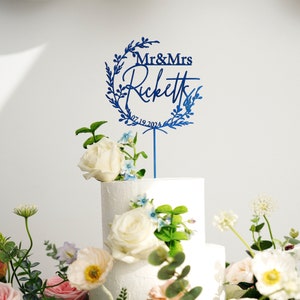 Custom Mr Mrs cake topper, Gold Cake topper for Wedding, Personalized cake topper, Rustic wedding cake topper, Anniversary Cake toppers. Blue