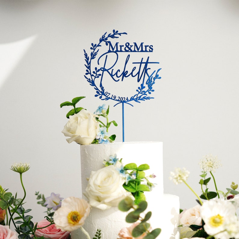 Custom Mr Mrs cake topper, Gold Cake topper for Wedding, Personalized cake topper, Rustic wedding cake topper, Anniversary Cake toppers. Blue