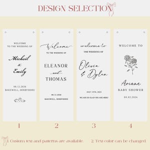 May include: Four wedding and baby shower sign design options. Each sign features elegant calligraphy with names and dates. The signs are white with black text, and the top of the image reads "DESIGN SELECTION".