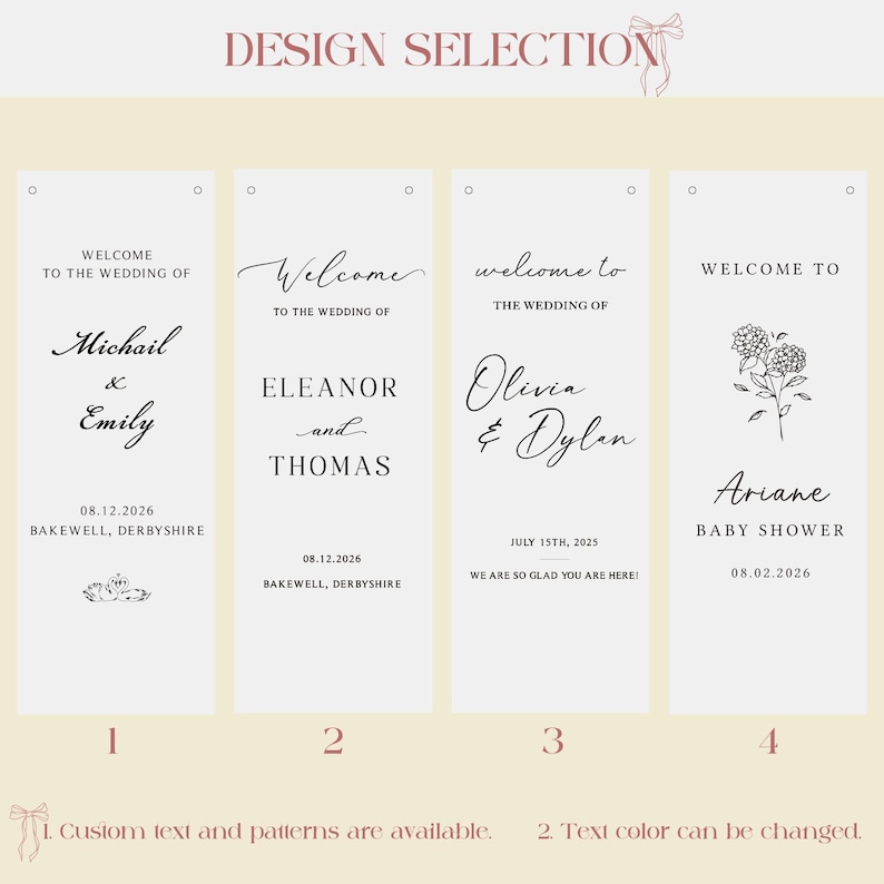 May include: Four wedding and baby shower sign design options. Each sign features elegant calligraphy with names and dates. The signs are white with black text, and the top of the image reads "DESIGN SELECTION".