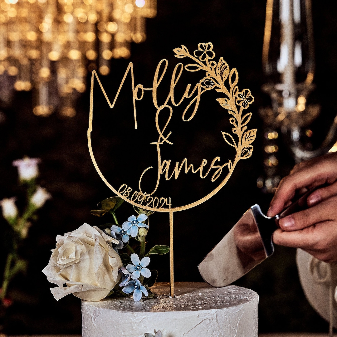 BOHO Wedding Cake Topper, Gold Cake Topper for Wedding, Personalized Cake Topper, Rustic Wedding