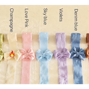 May include: A collection of colorful ribbons in sage green, champagne, love pink, sky blue, violets, denim blue, and dark curry. Each ribbon features a matching bow. The colors are labeled above each ribbon.