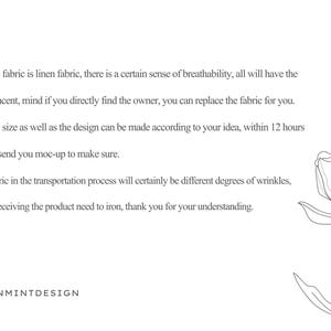 May include: White background with text about linen fabric, design customization, and fabric care. The text includes the phrase "COLINMINTDESIGN" at the bottom and a floral line drawing on the right side.