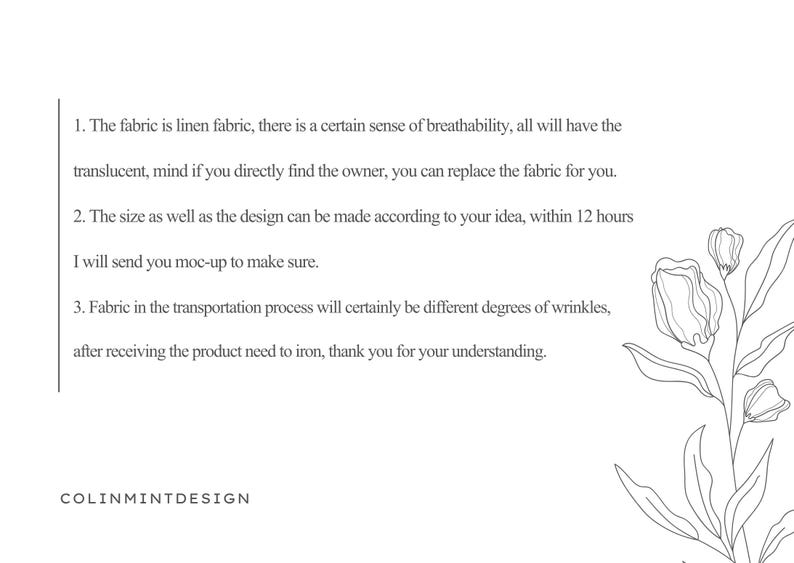 May include: White background with text about linen fabric, design customization, and fabric care. The text includes the phrase "COLINMINTDESIGN" at the bottom and a floral line drawing on the right side.