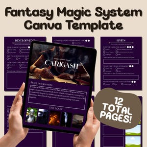May include: A digital Canva template for a fantasy magic system, featuring a tablet displaying a detailed system description. The template includes 12 pages with sections on development, consequences, and limits. The text on the tablet reads "CARIGASH".
