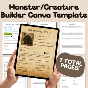 Puede incluir: Una plantilla digital de Canva para construir monstruos y criaturas. La imagen muestra una tableta que muestra una hoja de personaje para "The Wraith Lord" con detalles como altura, piel y atributos únicos. La plantilla incluye 7 páginas.