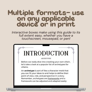 May include: A laptop displays the word "INTRODUCTION" with text about character archetypes. The screen is framed by a silver laptop. Above the screen, the text reads "Multiple formats - use on any applicable device or in print."