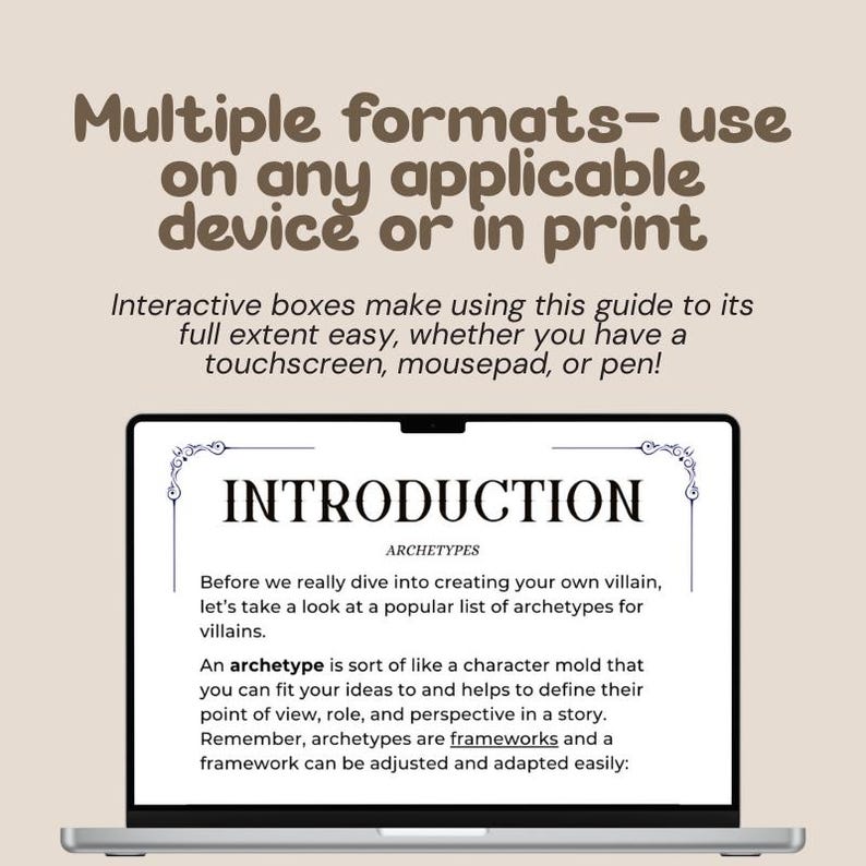May include: A laptop displays the word "INTRODUCTION" with text about character archetypes. The screen is framed by a silver laptop. Above the screen, the text reads "Multiple formats - use on any applicable device or in print."